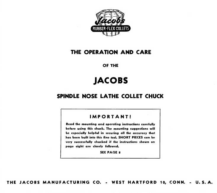 Jacobs Spindle Nose Lathe Collet Chuck - Operation and Care Manual