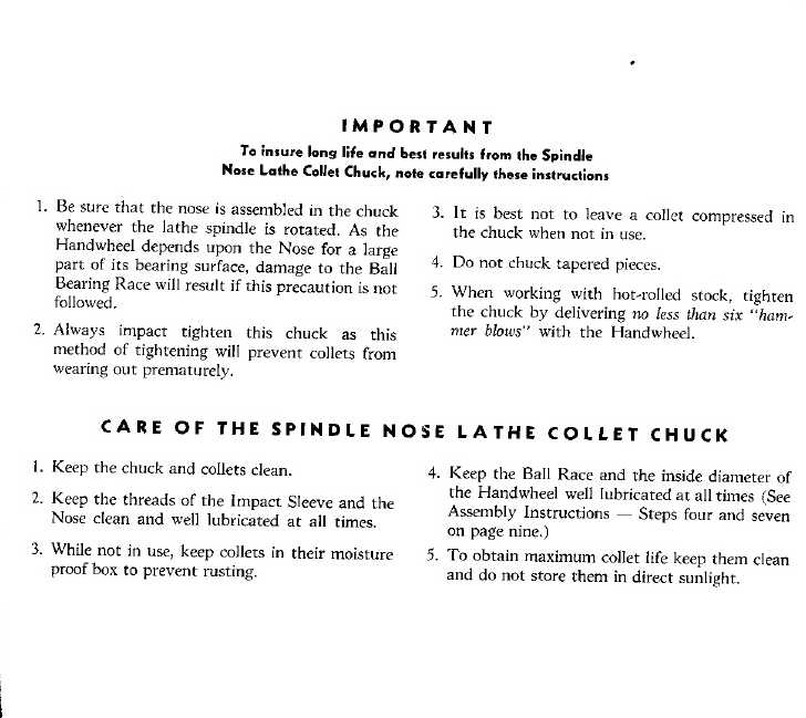 Jacobs Spindle Nose Lathe Collet Chuck - Operation and Care Manual