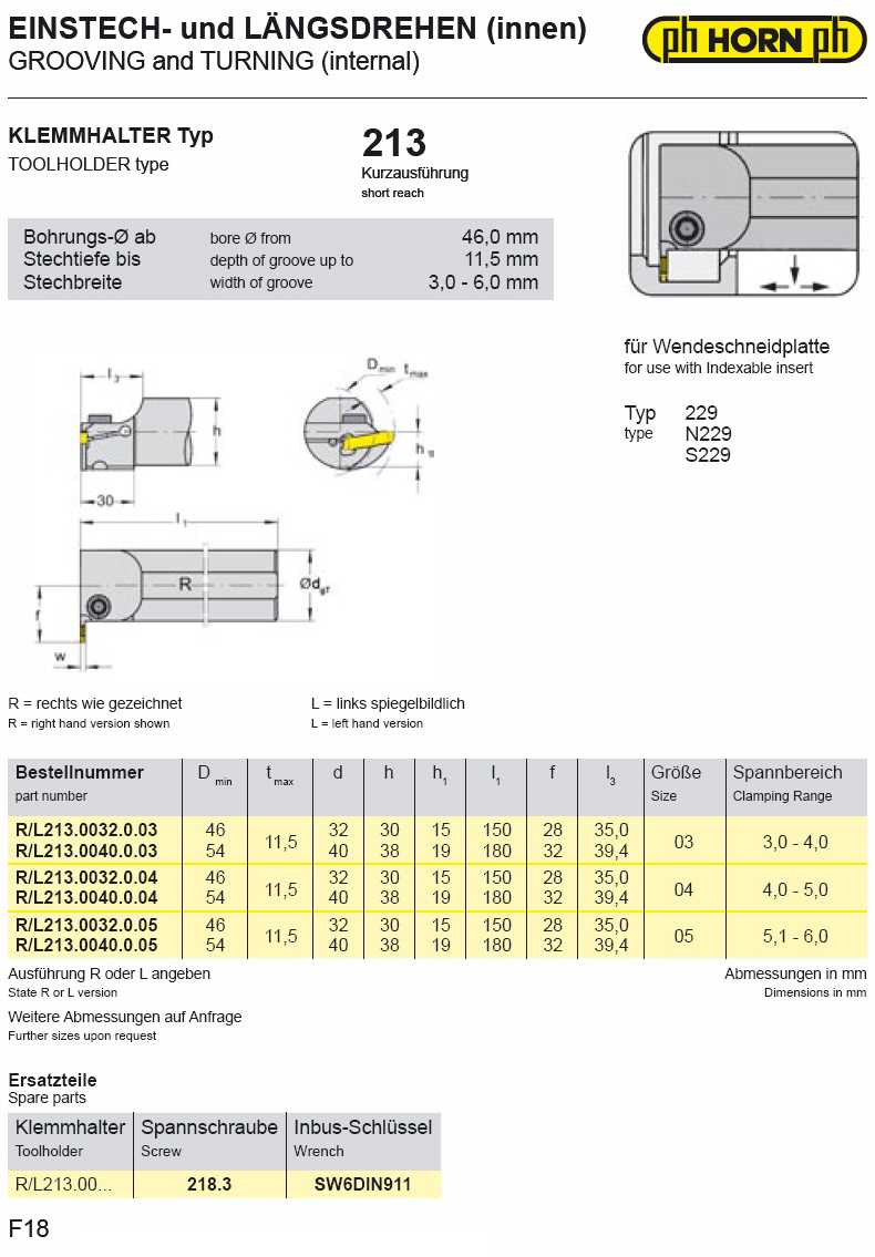 PH Horn Type 213 internal Grooving, Turning & Threading insert holder catalog info