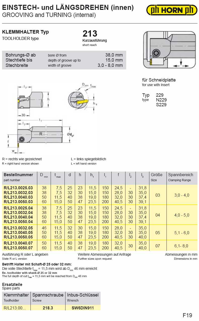 PH Horn Type 213 internal Grooving, Turning & Threading insert holder catalog info