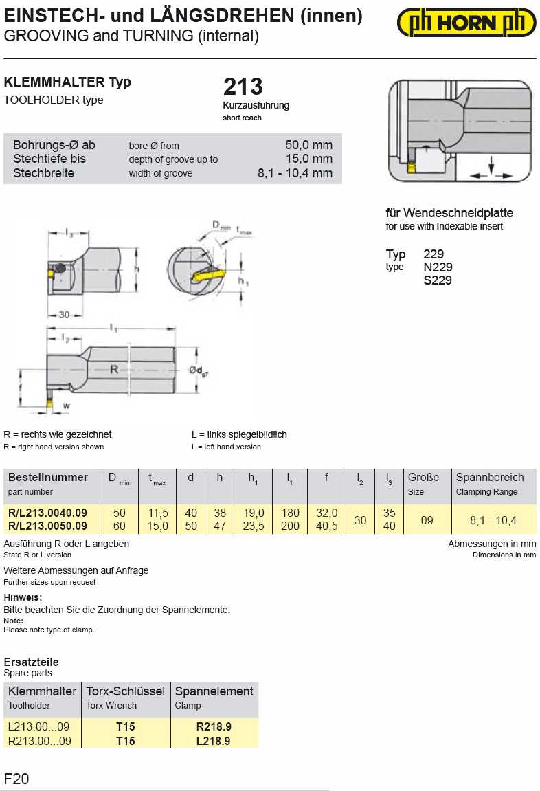 PH Horn Type 213 internal Grooving, Turning & Threading insert holder catalog info