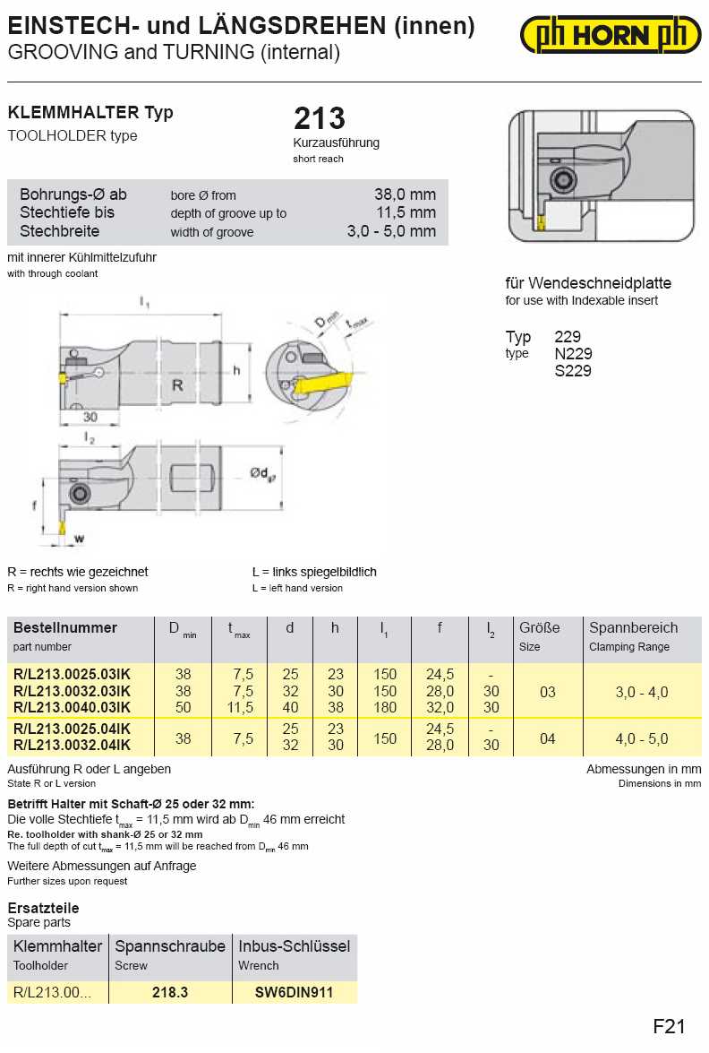 PH Horn Type 213 internal Grooving, Turning & Threading insert holder catalog info