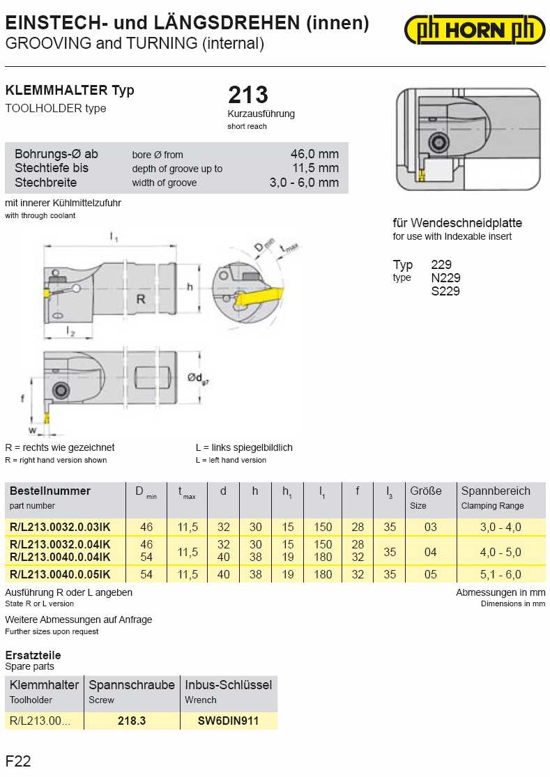PH Horn Type 213 internal Grooving, Turning & Threading insert holder catalog info