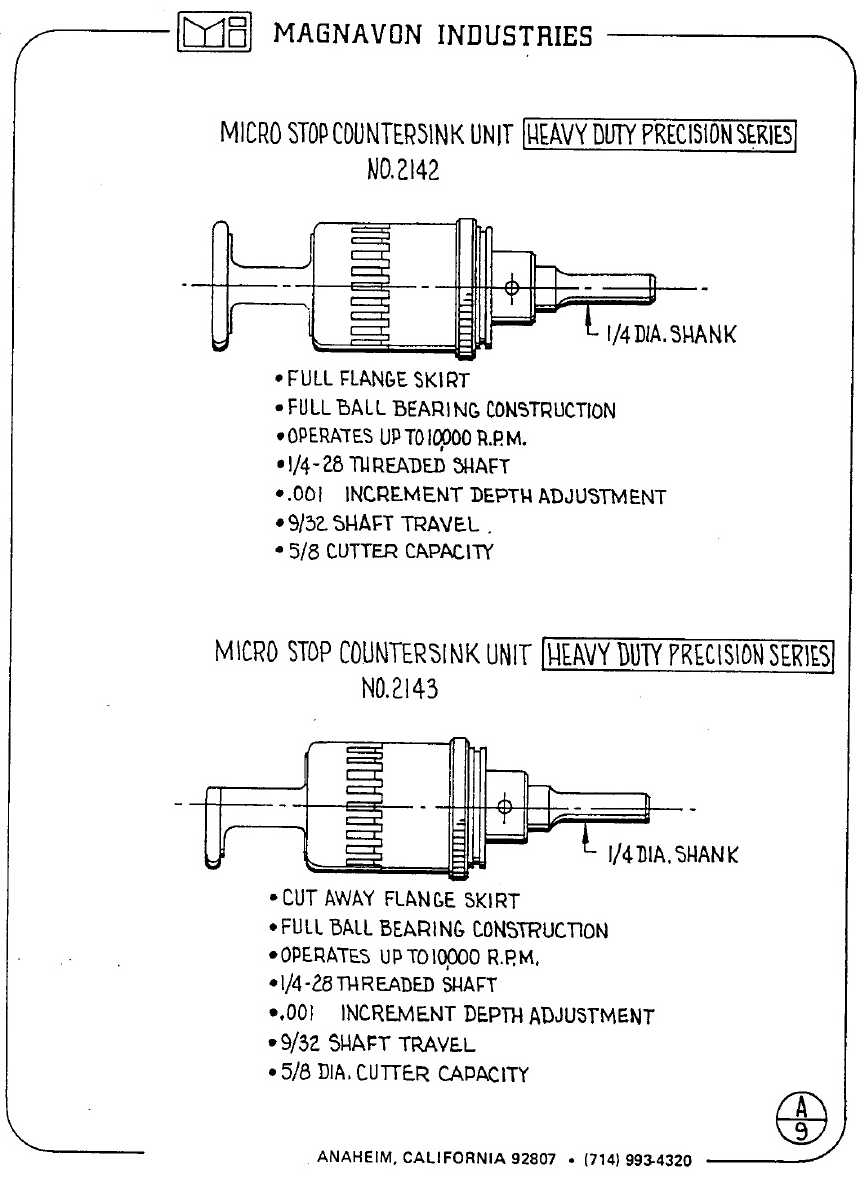 Magnavon Micro Stop Cage Countersinks and Cutters catalog info