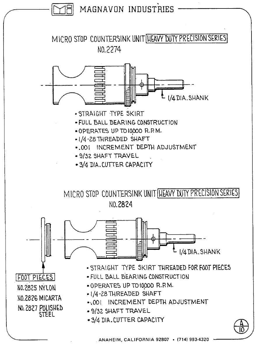 Magnavon Micro Stop Cage Countersinks and Cutters catalog info