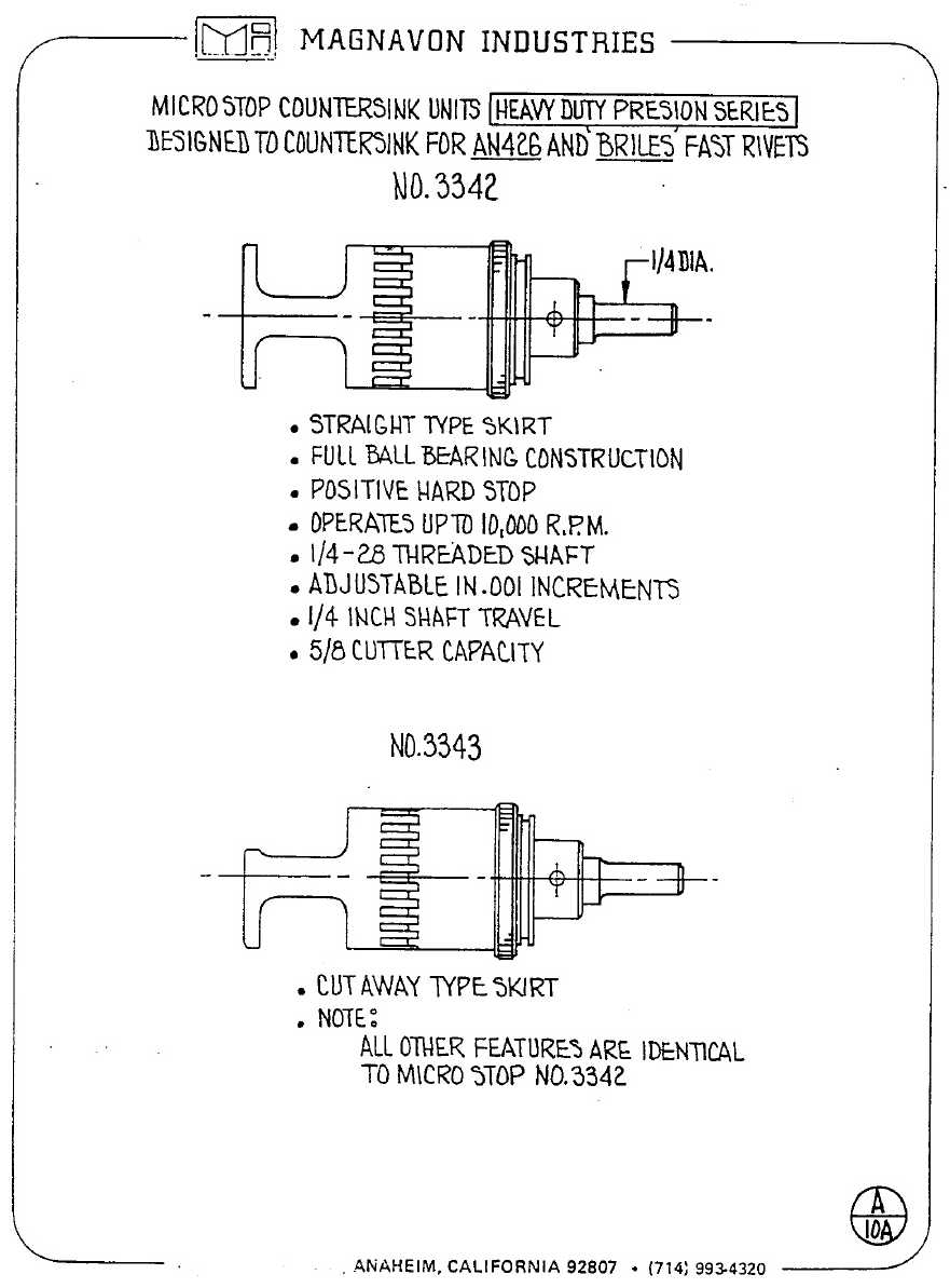 Magnavon Micro Stop Cage Countersinks and Cutters catalog info