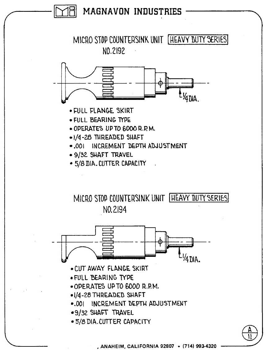 Magnavon Micro Stop Cage Countersinks and Cutters catalog info