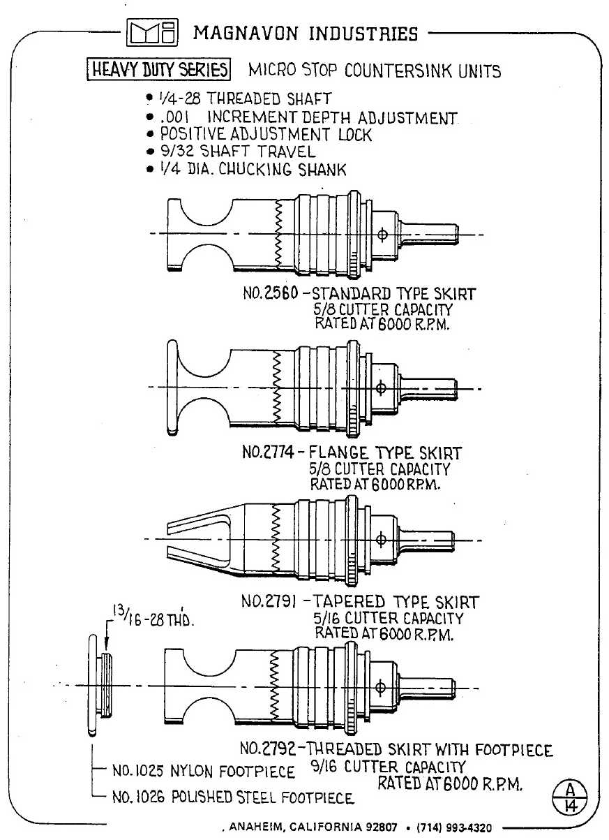 Magnavon Micro Stop Cage Countersinks and Cutters catalog info