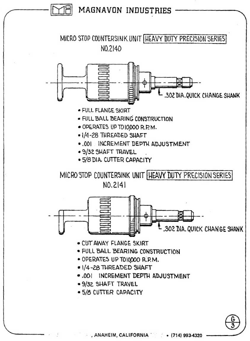Magnavon Micro Stop Cage Countersinks and Cutters catalog info