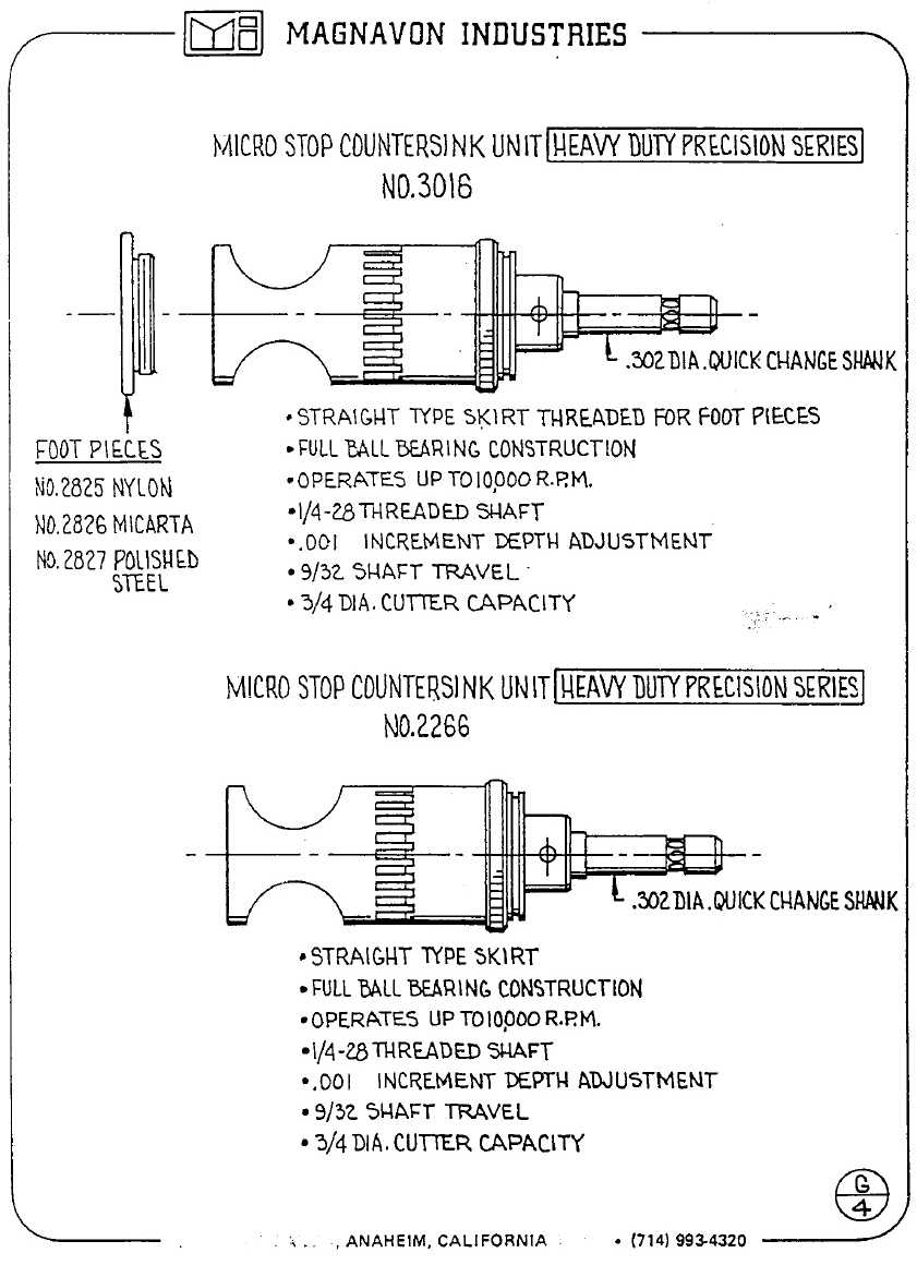 Magnavon Micro Stop Cage Countersinks and Cutters catalog info
