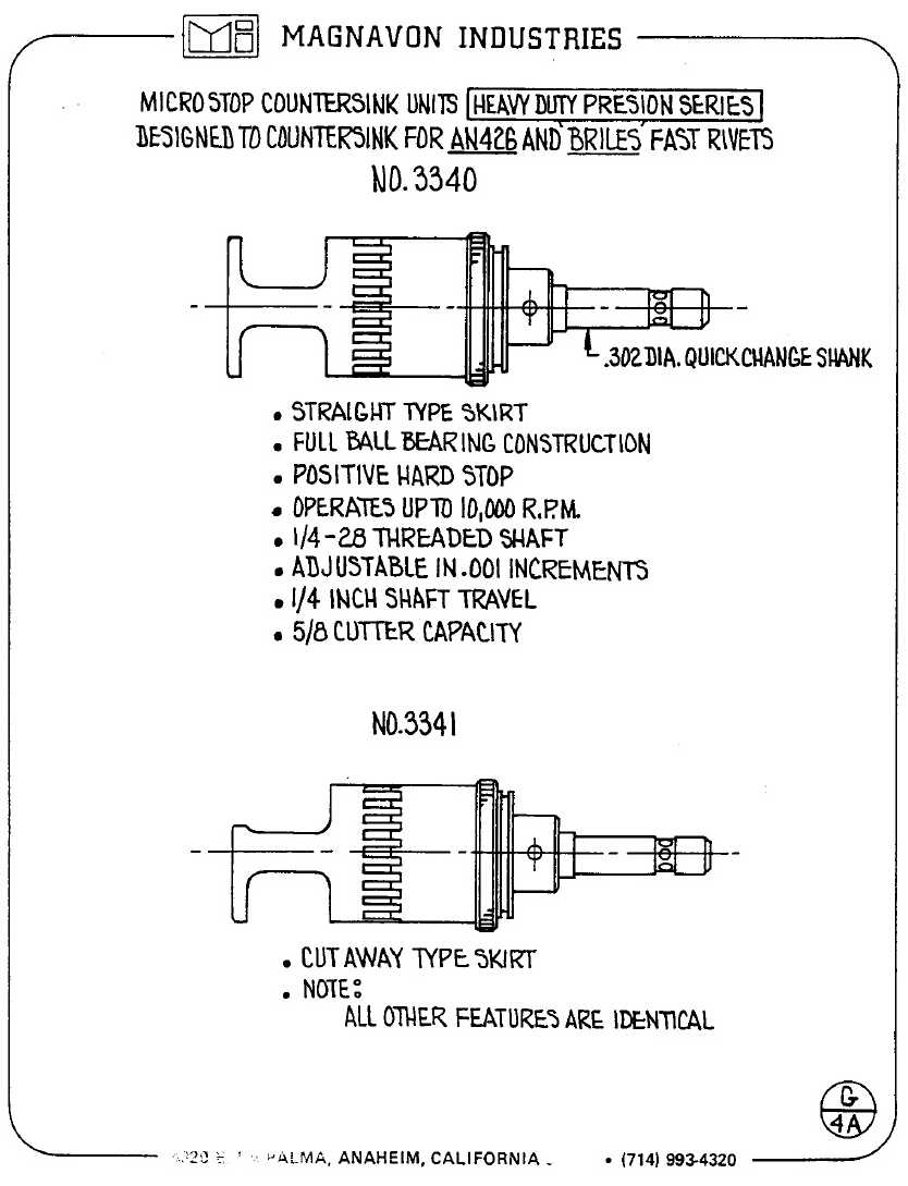 Magnavon Micro Stop Cage Countersinks and Cutters catalog info