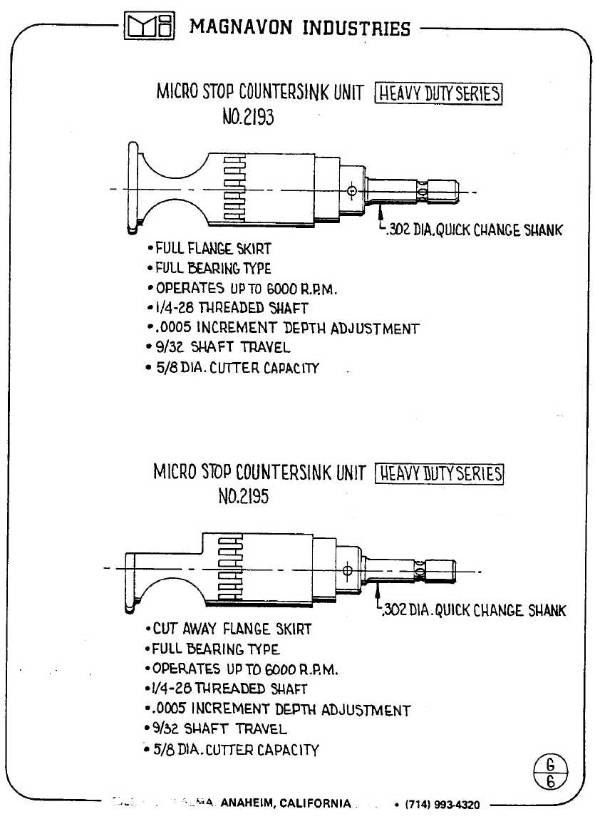 Magnavon Micro Stop Cage Countersinks and Cutters catalog info