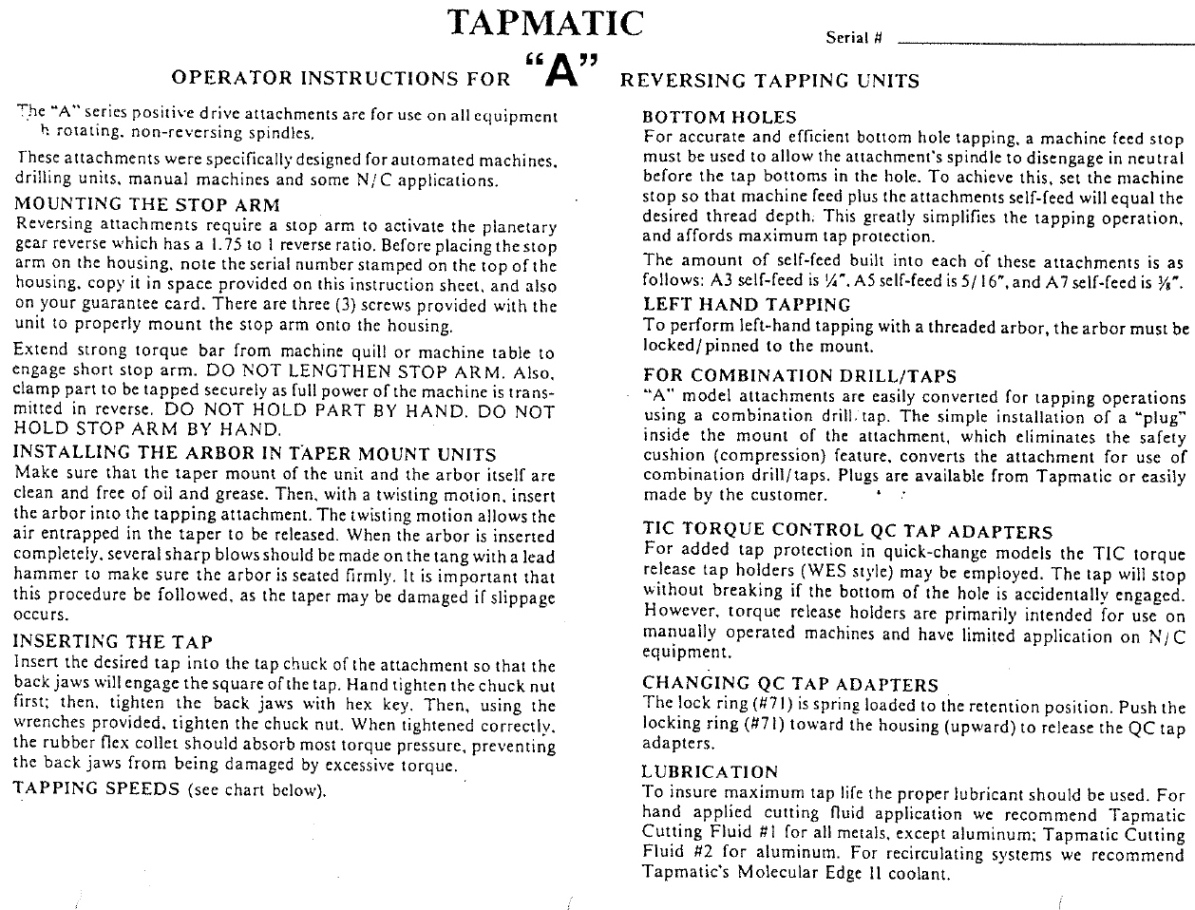 Tapmatic A3, A5, A7 Tapping Head Manufacturer Info.