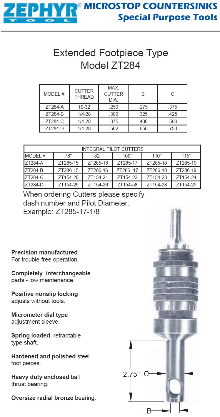 Zephyr Micro Stop Cage Countersinks and Cutters catalog info
