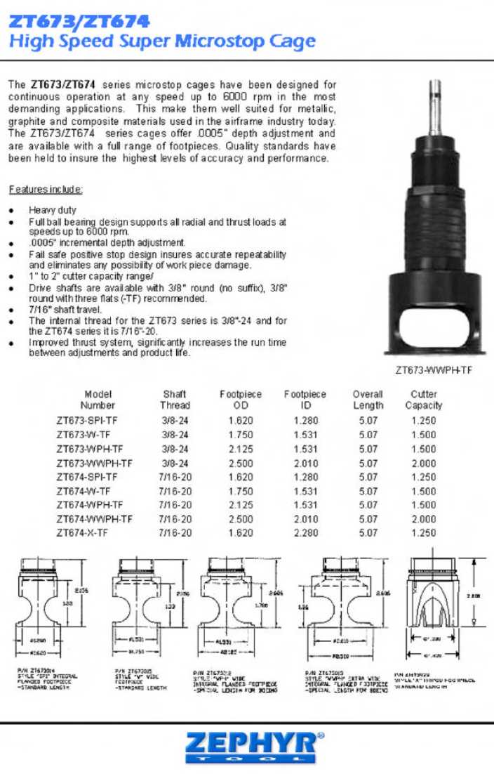 Zephyr Micro Stop Cage Countersinks and Cutters catalog info